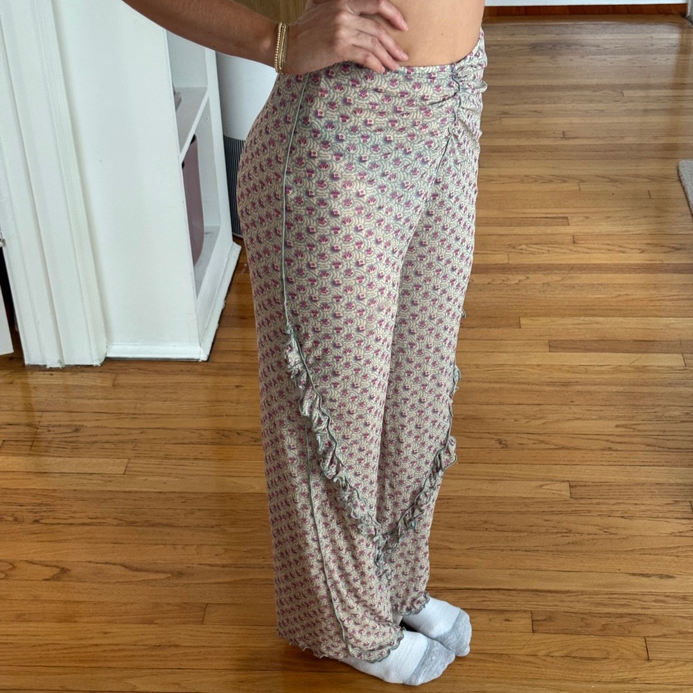 Anna sui floral ruffle trim stretch pants